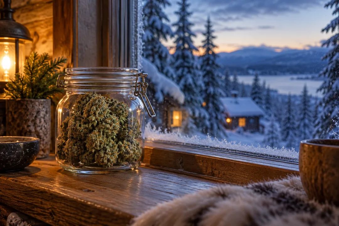 Gros plan sur une fleur de chanvre dense couverte de trichomes, à côté d'une branche de pin