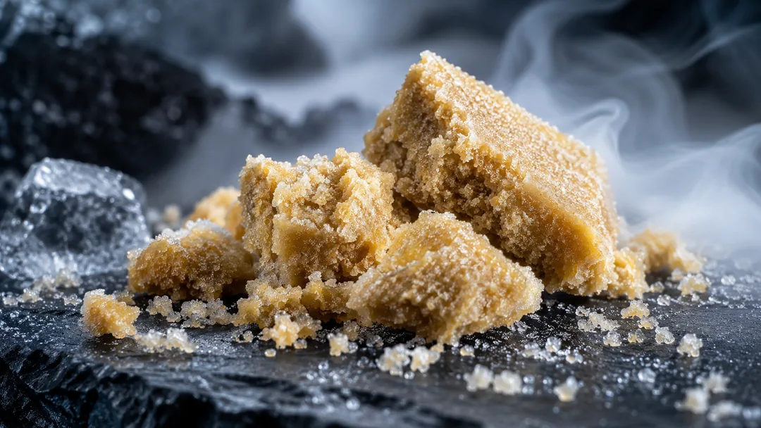 Résine de chanvre blonde et friable sur un plateau givré entouré de glace carbonique