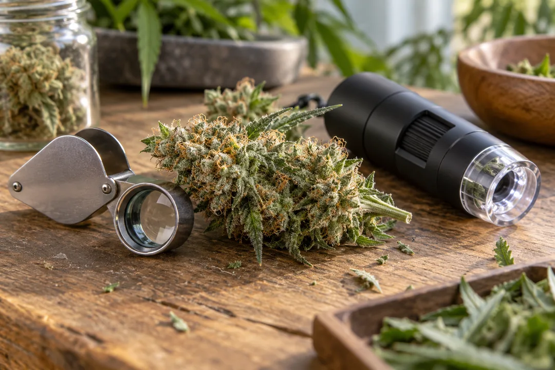 Morceau de résine de chanvre à côté d'une fleur couverte de trichomes